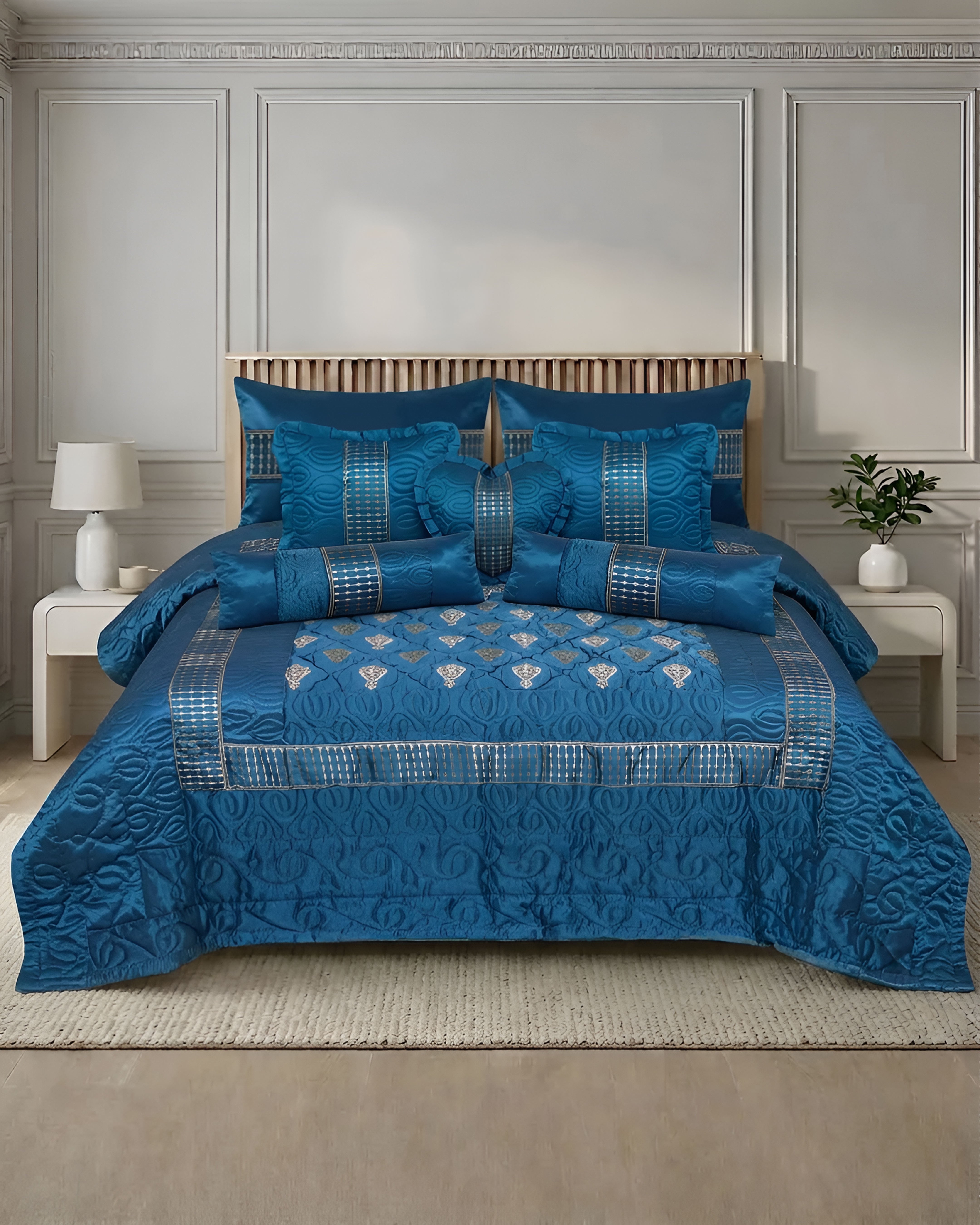 Ruby Silk 9 Piece Embroidered Bed Set -Regal Tide