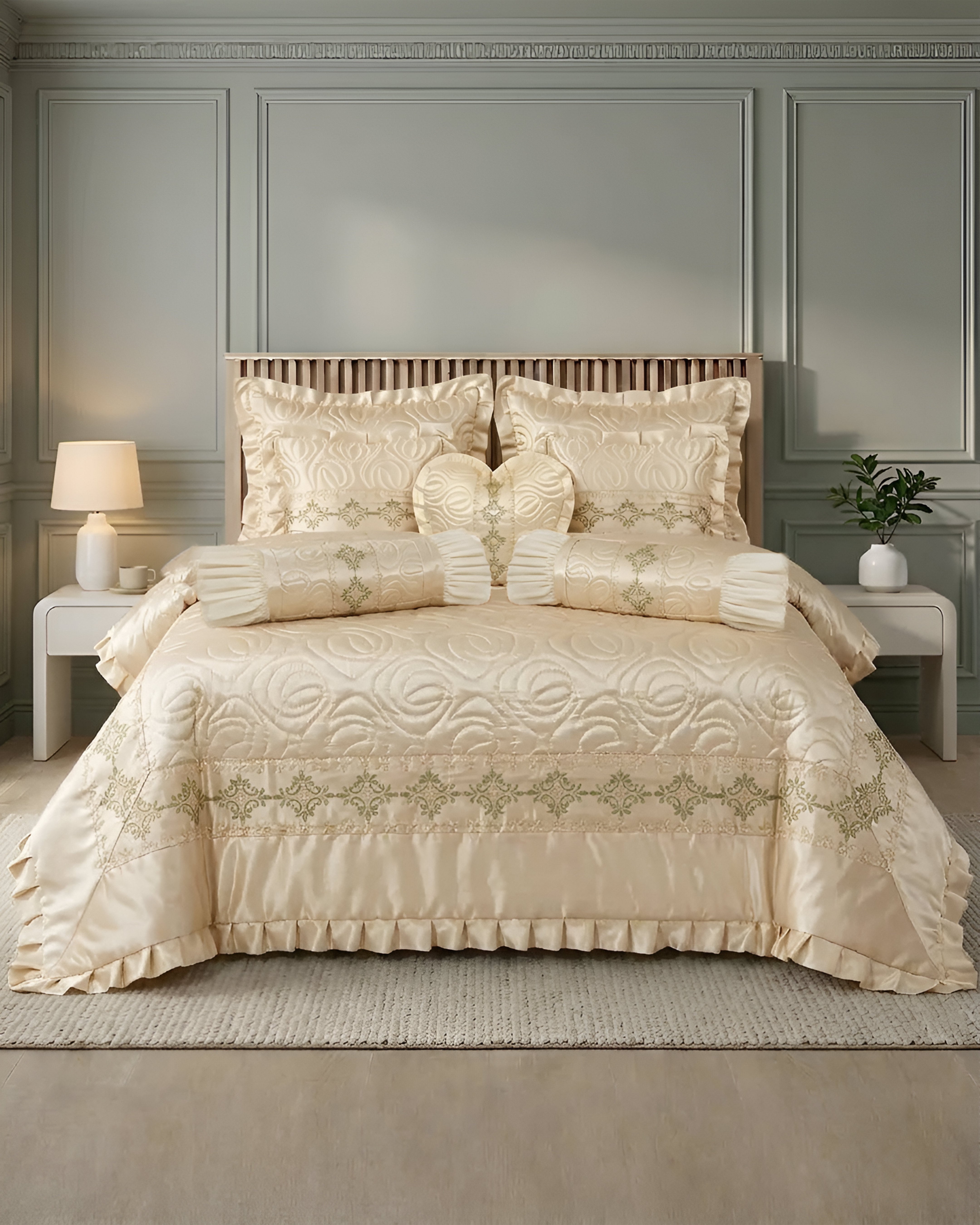Ruby Silk 9 Piece Embroidered Bed Set - Silk Cream