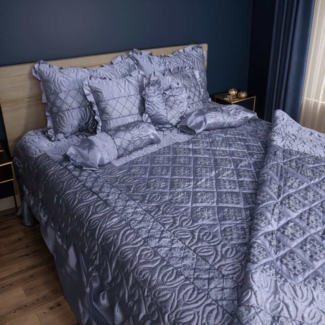 Ruby Silk 9 Pieces Embroidered Bed Set- Silver
