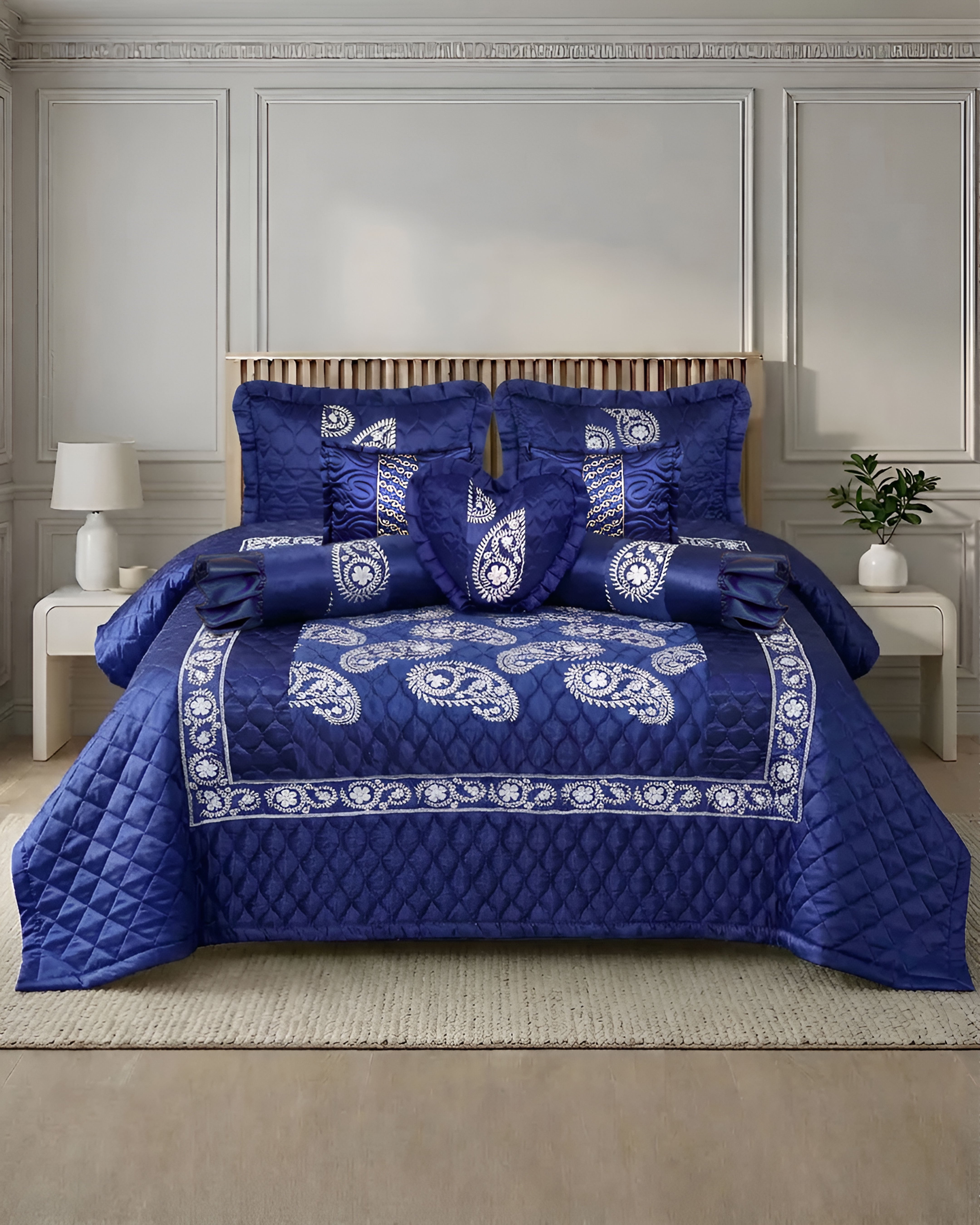 Ruby Silk 9 Piece Embroidered Bed Set - Deep Horizon