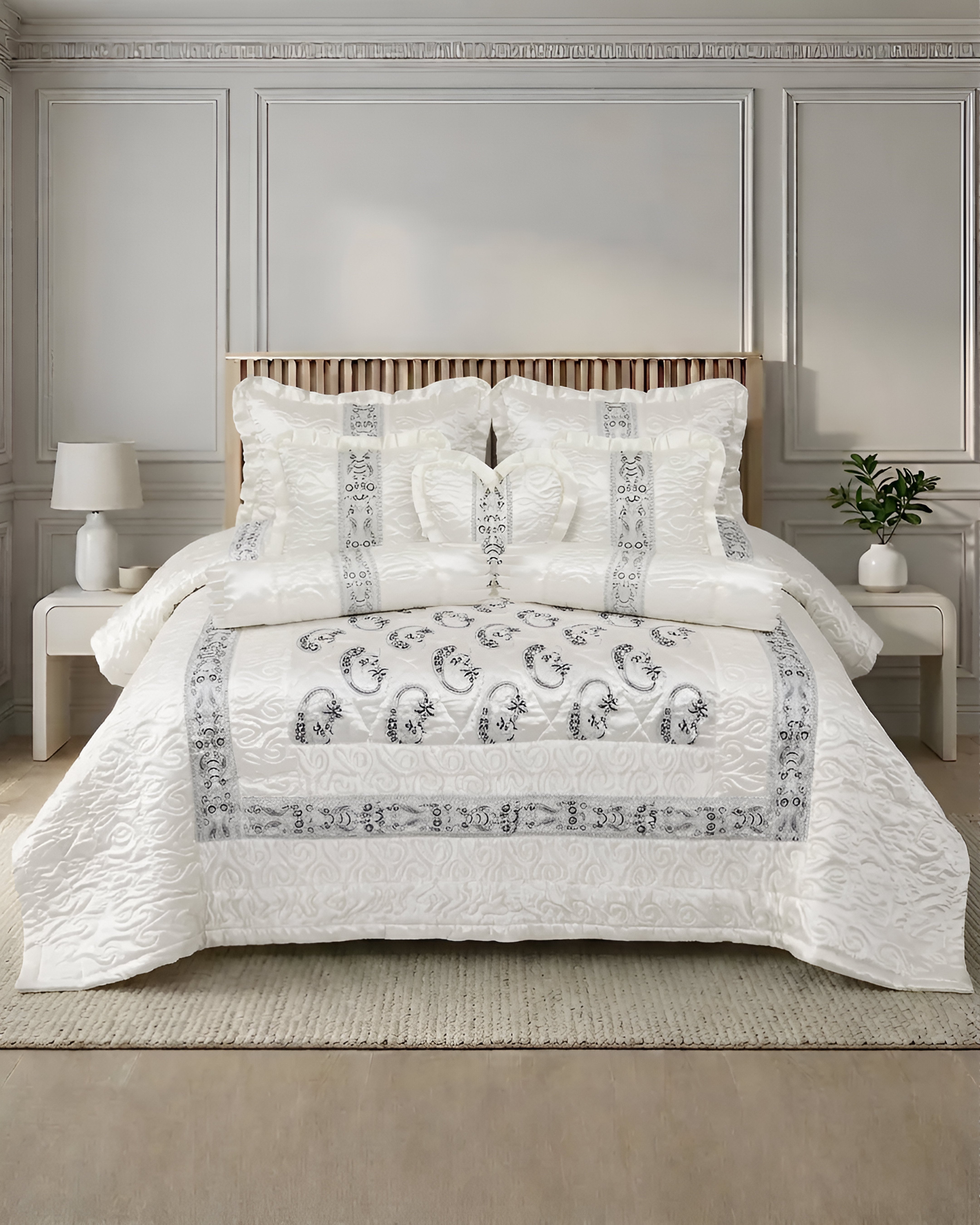 Ruby Silk 9 Piece Embroidered Bed Set - White Majesty