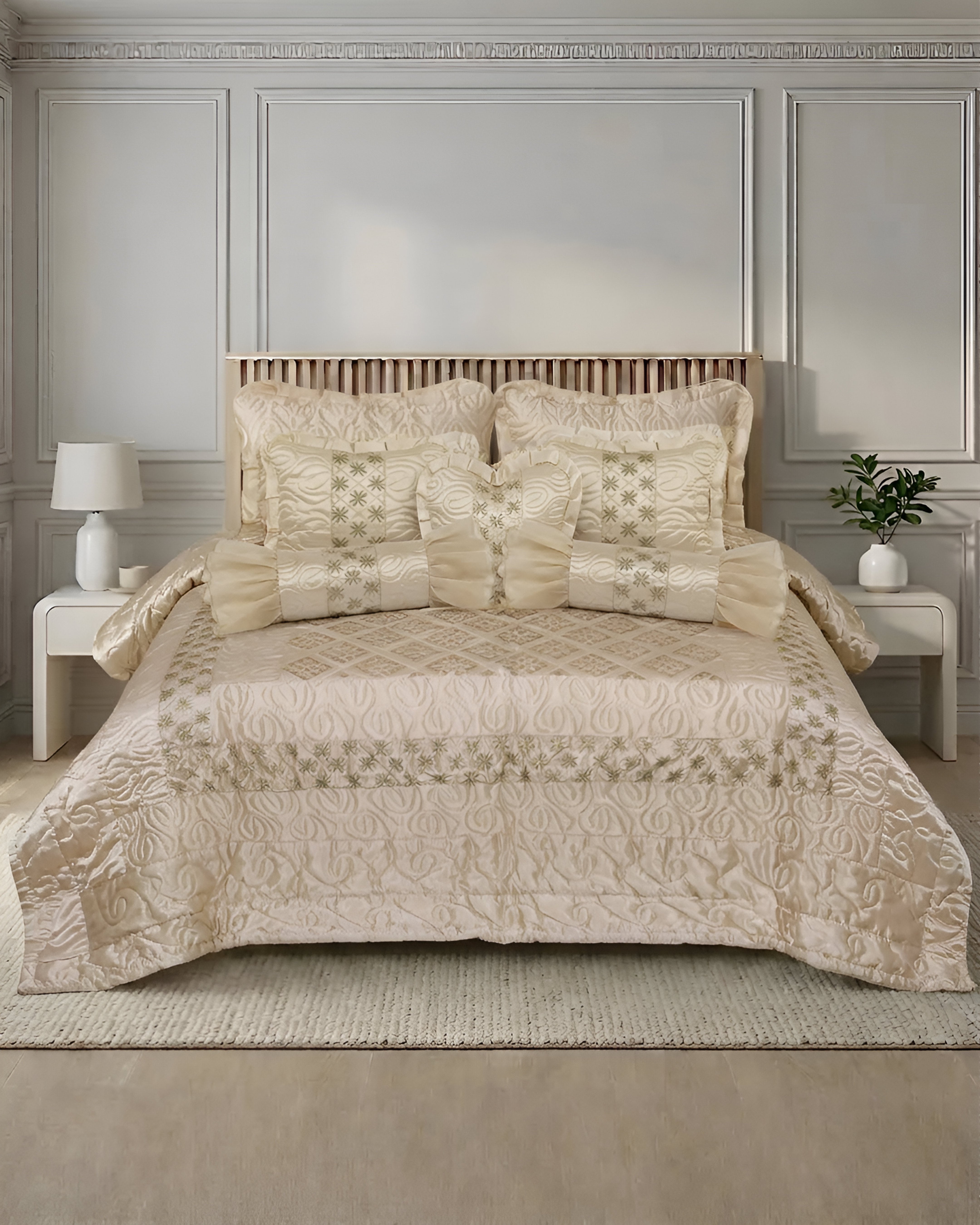 Ruby Silk 9 Piece Embroidered Bed Set -Pearl Majesty