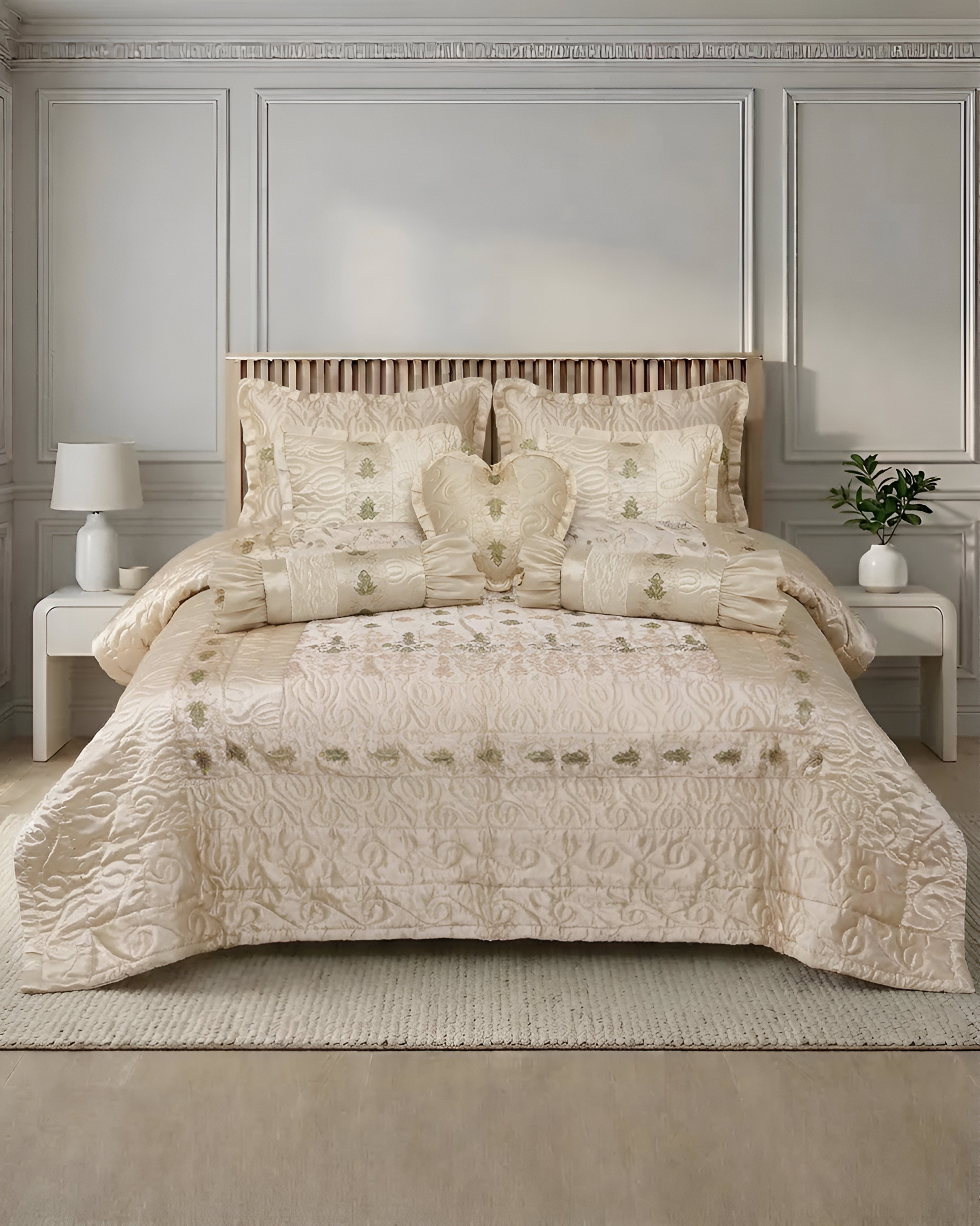 Ruby Silk 9 Piece Embroidered Bed Set -Cozy Pearl