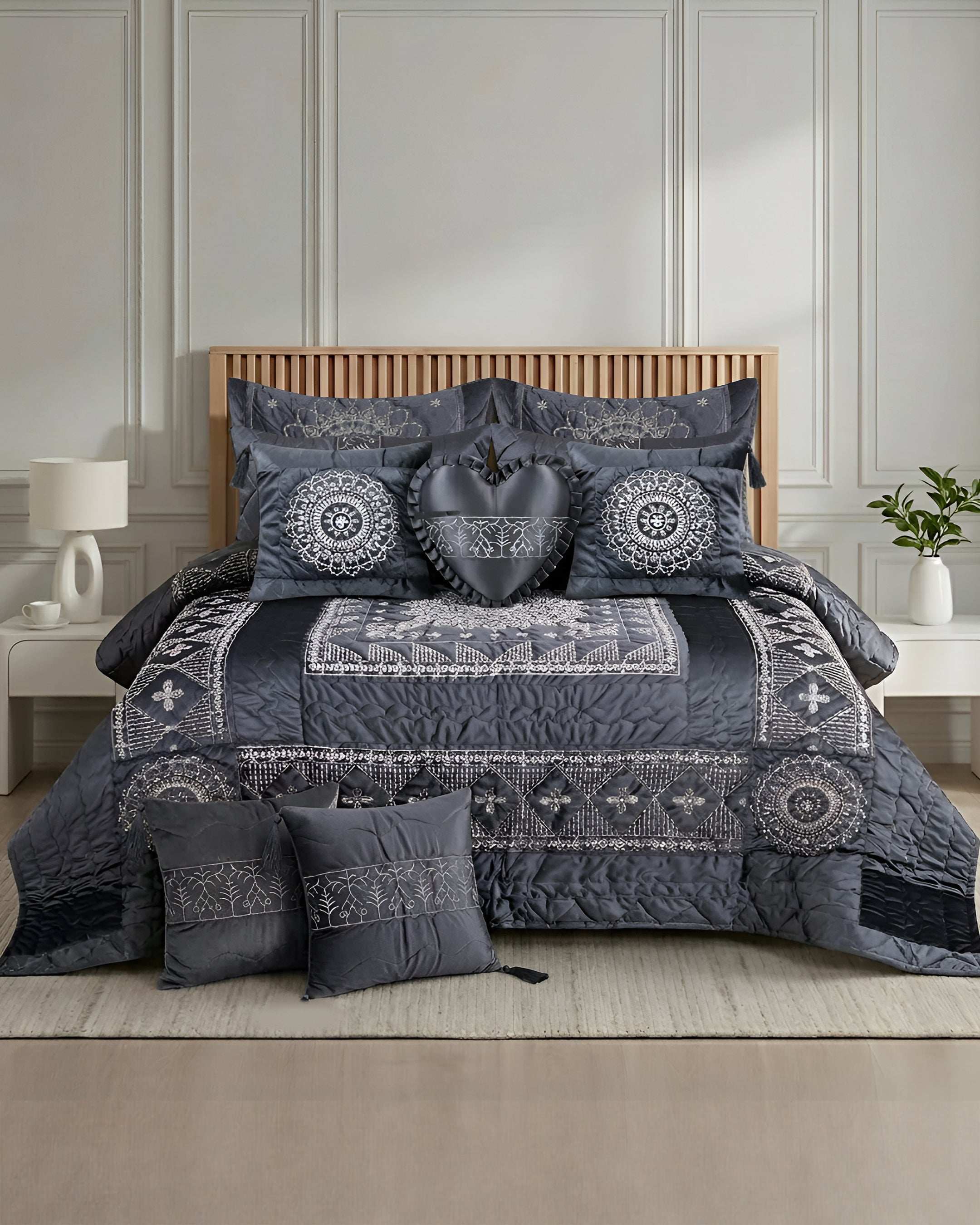 Shahnoor Bed Set 11 Pieces-Gray