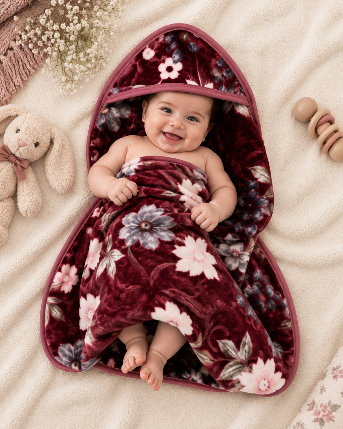 Precious 1-Ply Hood Baby Blanket - Ruby