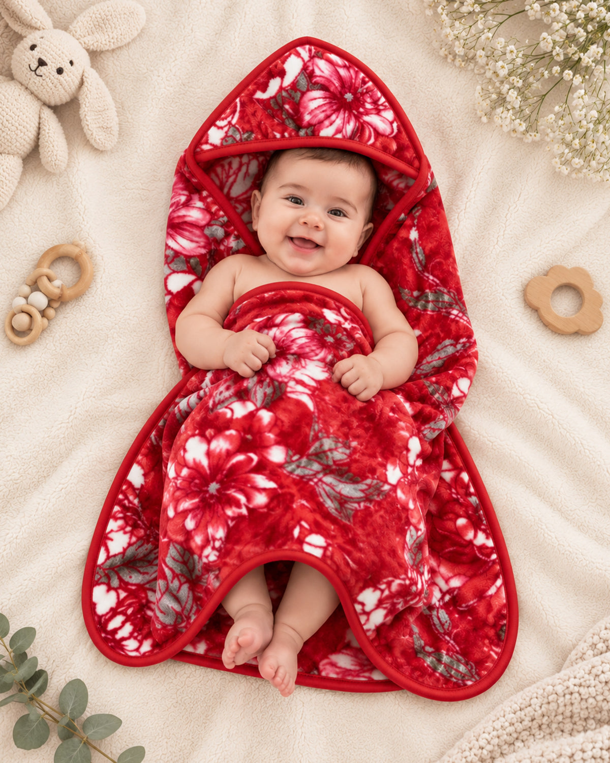Precious 1-Ply Hood Baby Blanket - Rose Red
