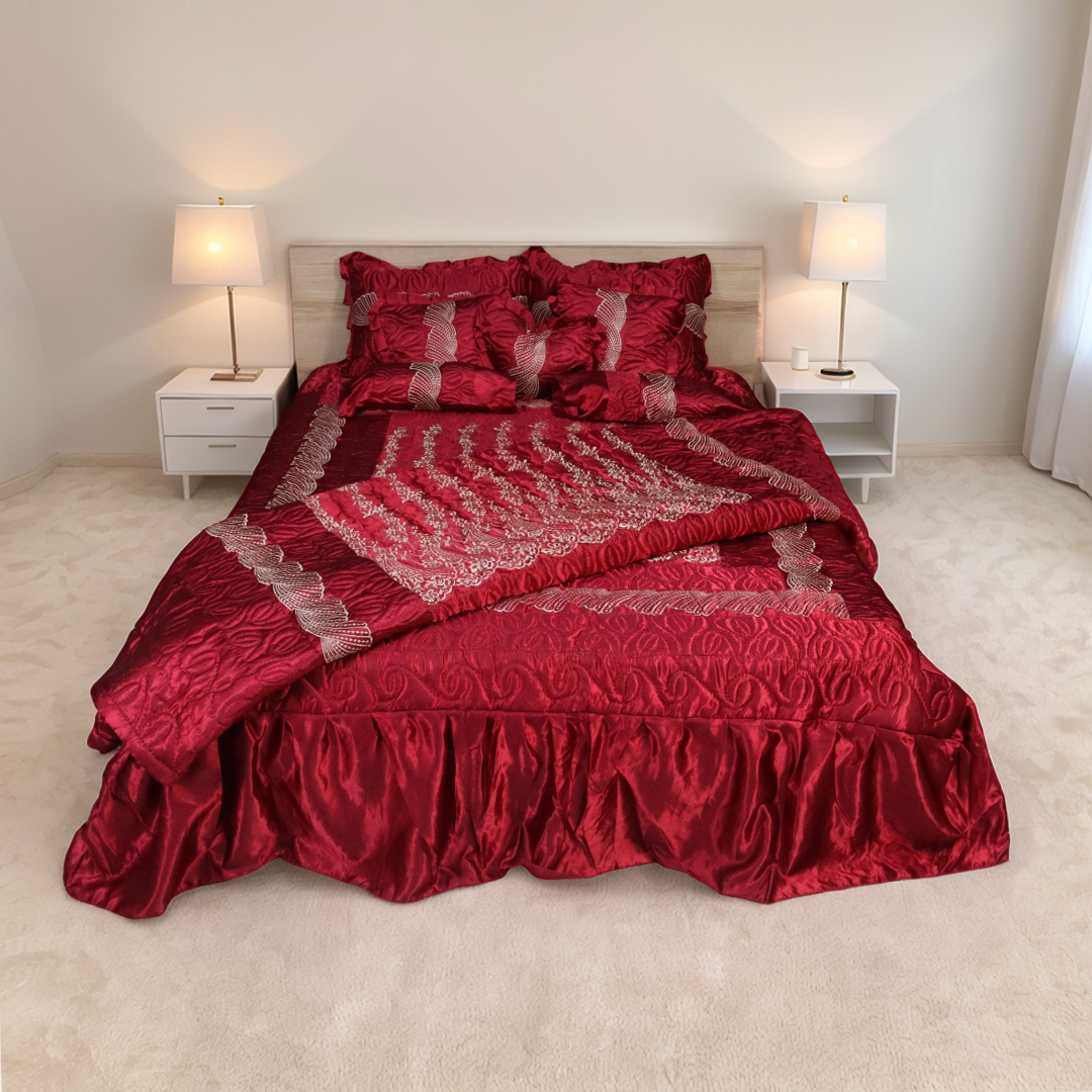 Ruby Silk 9 Pieces Embroidered Bed Set- Deep Maroon