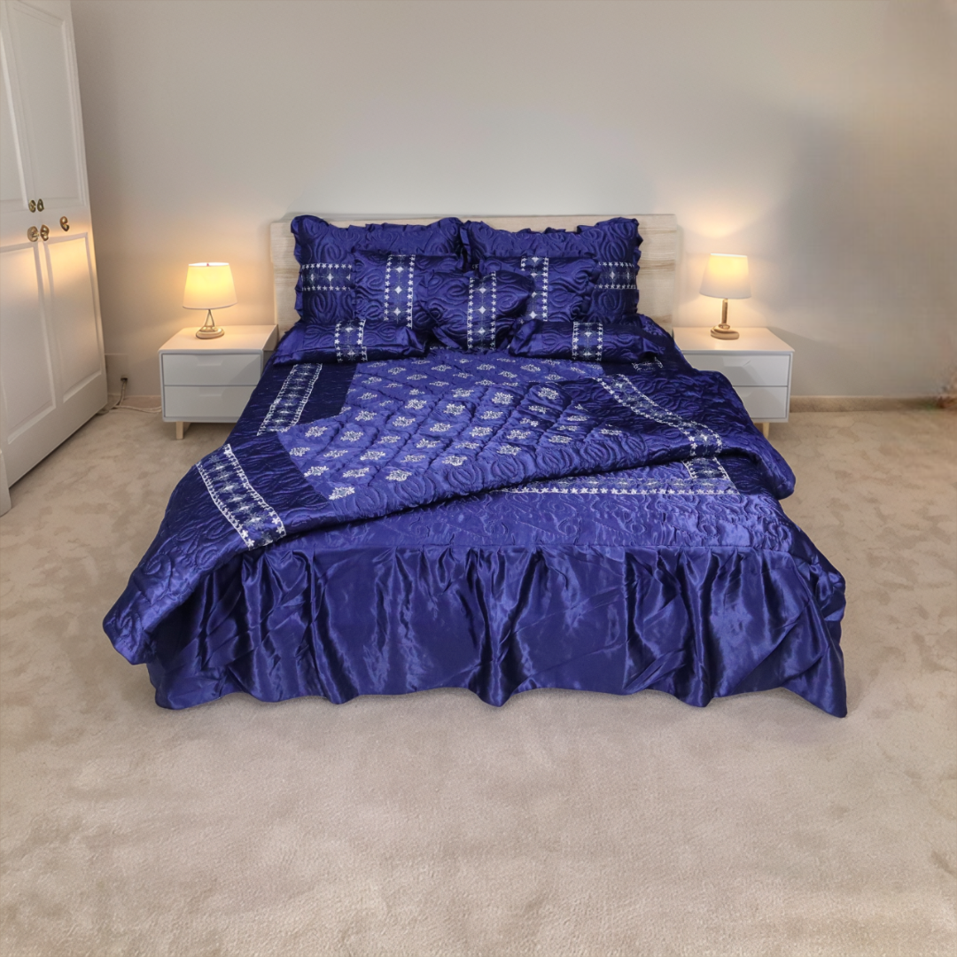 Ruby Silk 9 Piece Embroidered Bed Set-Navy Blue