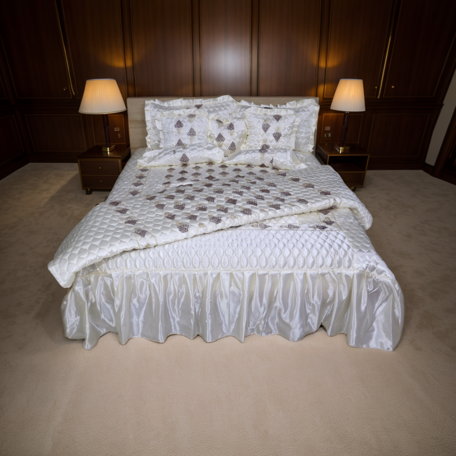 Ruby Silk 9 Pieces Embroidered Bed Set - Pearl Bliss