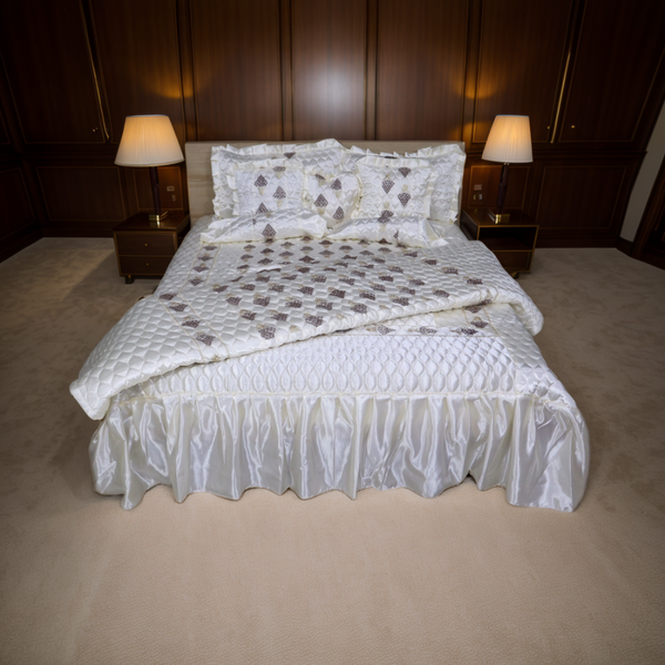 Ruby Silk 9 Pieces Embroidered Bed Set - Pearl Bliss