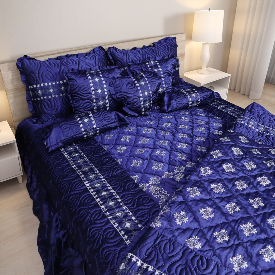 Ruby Silk 9 Piece Embroidered Bed Set-Navy Blue