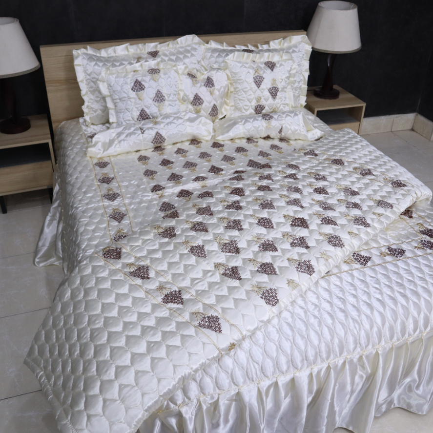 Ruby Silk 9 Pieces Embroidered Bed Set - Pearl Bliss