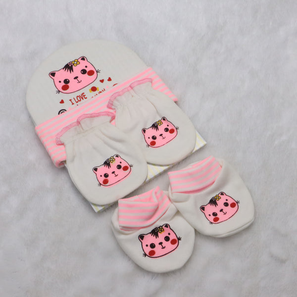 3 Pieces Baby Cap Set- White and Pink