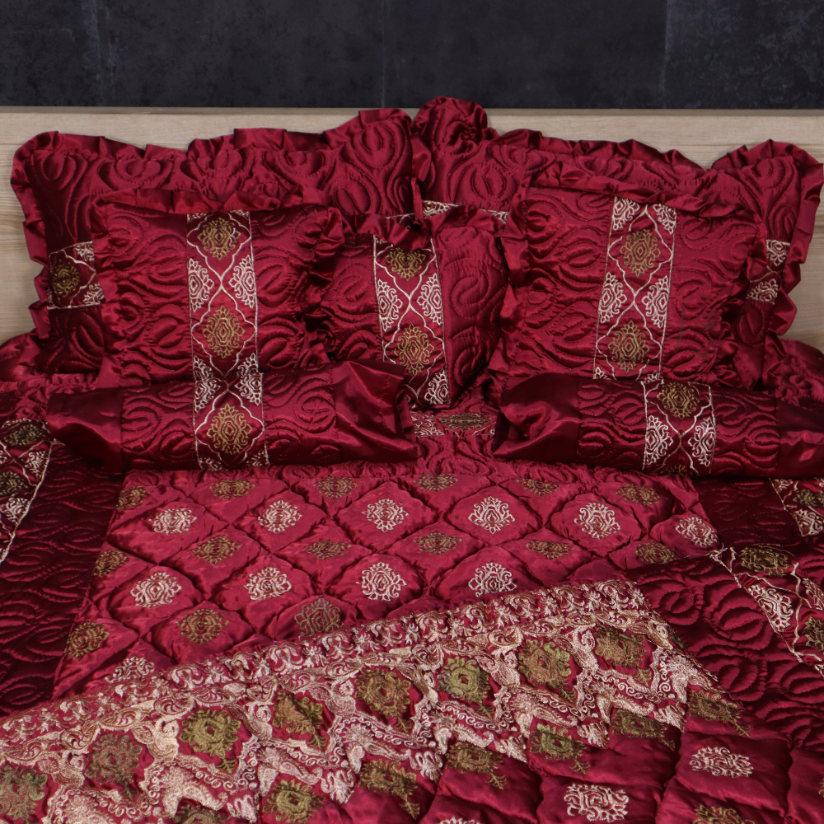 Ruby Silk 9 Pieces Embroidered Bed Set - Rose Bliss