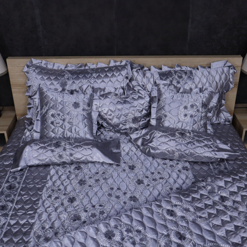 Ruby Silk 9 Pieces Embroidered Bed Set - Metallic Bliss
