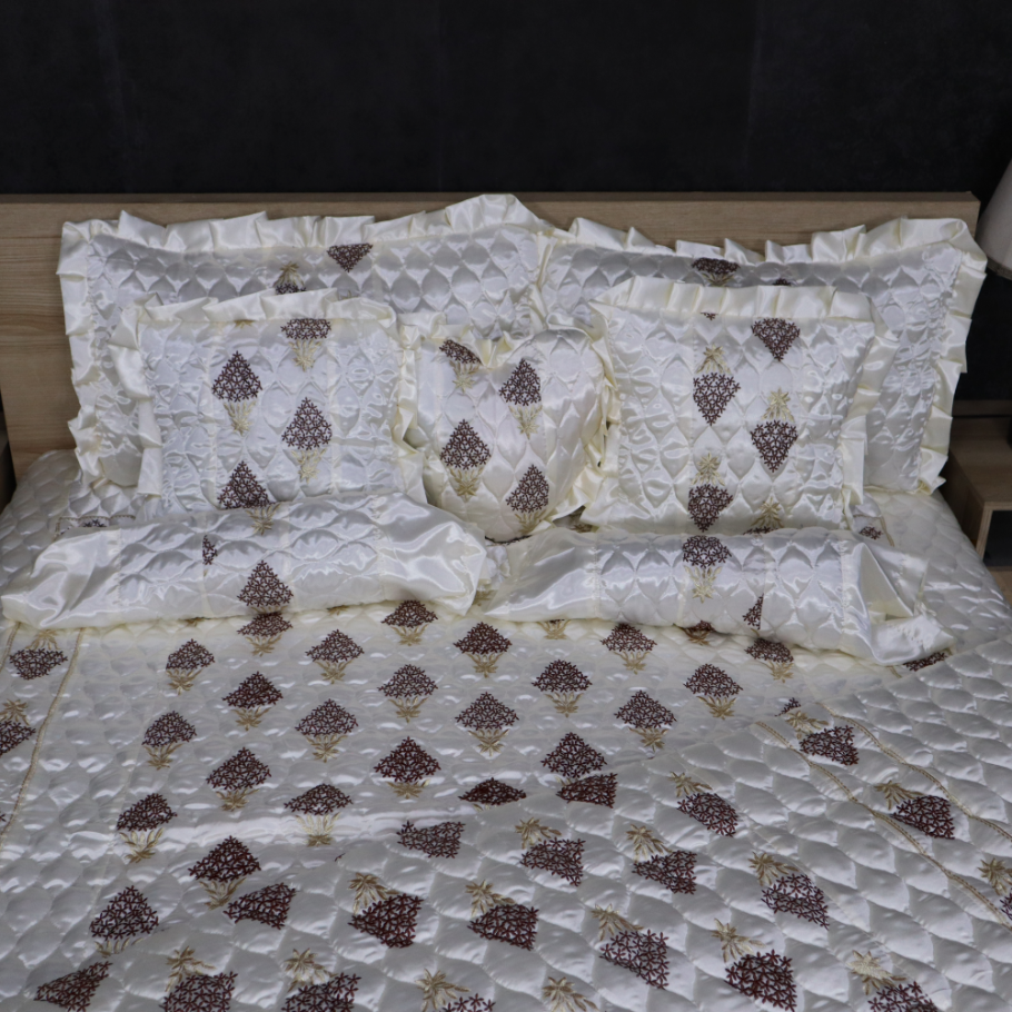 Ruby Silk 9 Pieces Embroidered Bed Set - Pearl Bliss