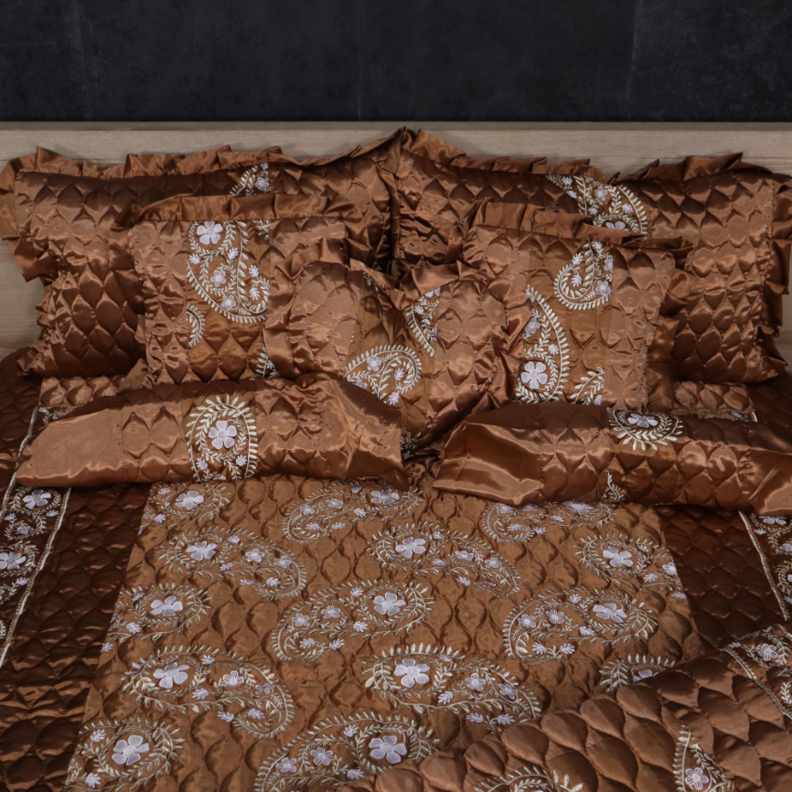Ruby Silk 9 Pieces Embroidered Bed Set - Copper Bliss