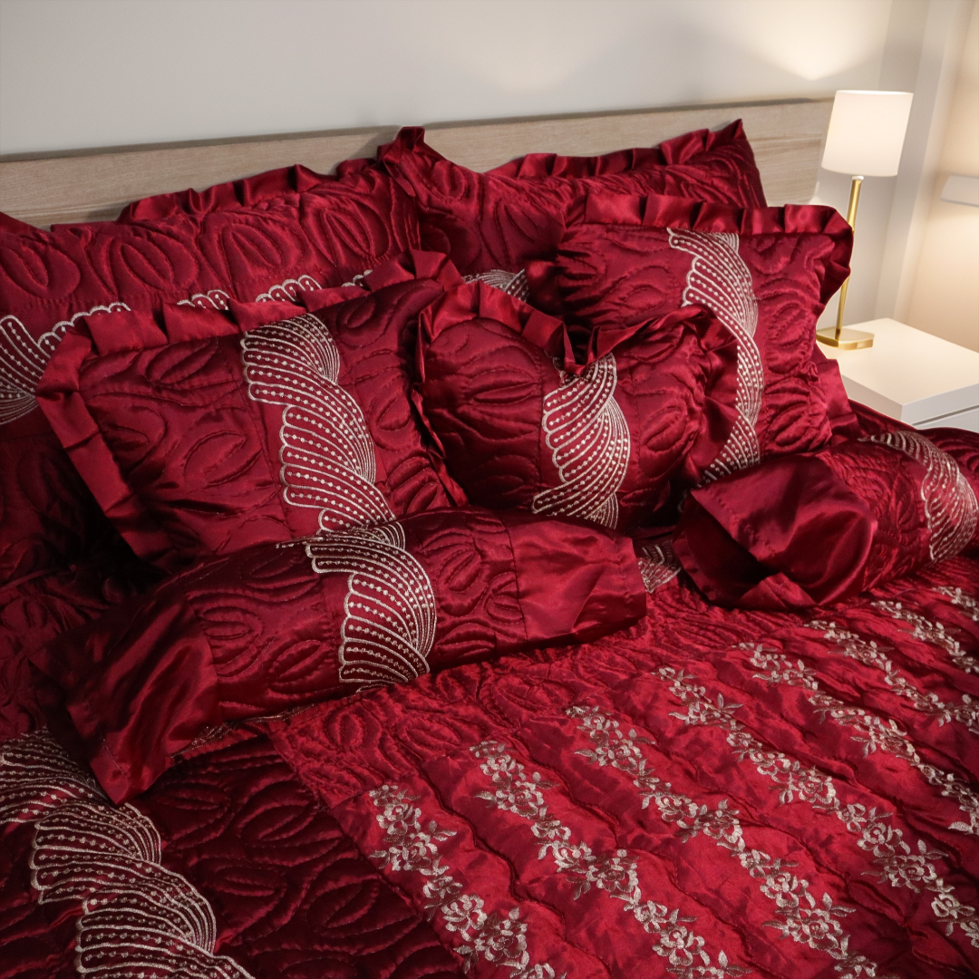 Ruby Silk 9 Pieces Embroidered Bed Set- Deep Maroon