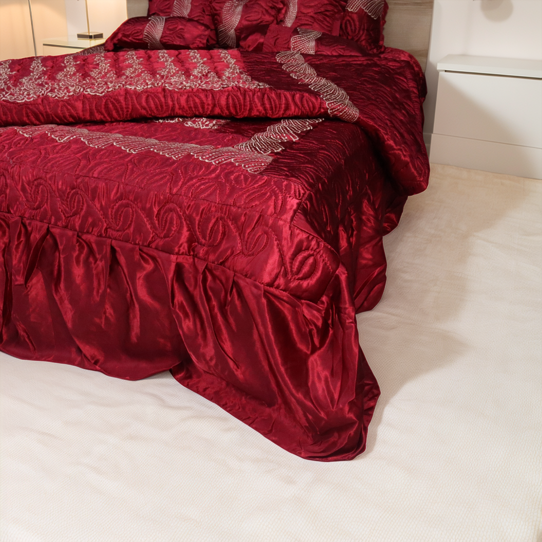Ruby Silk 9 Pieces Embroidered Bed Set- Deep Maroon