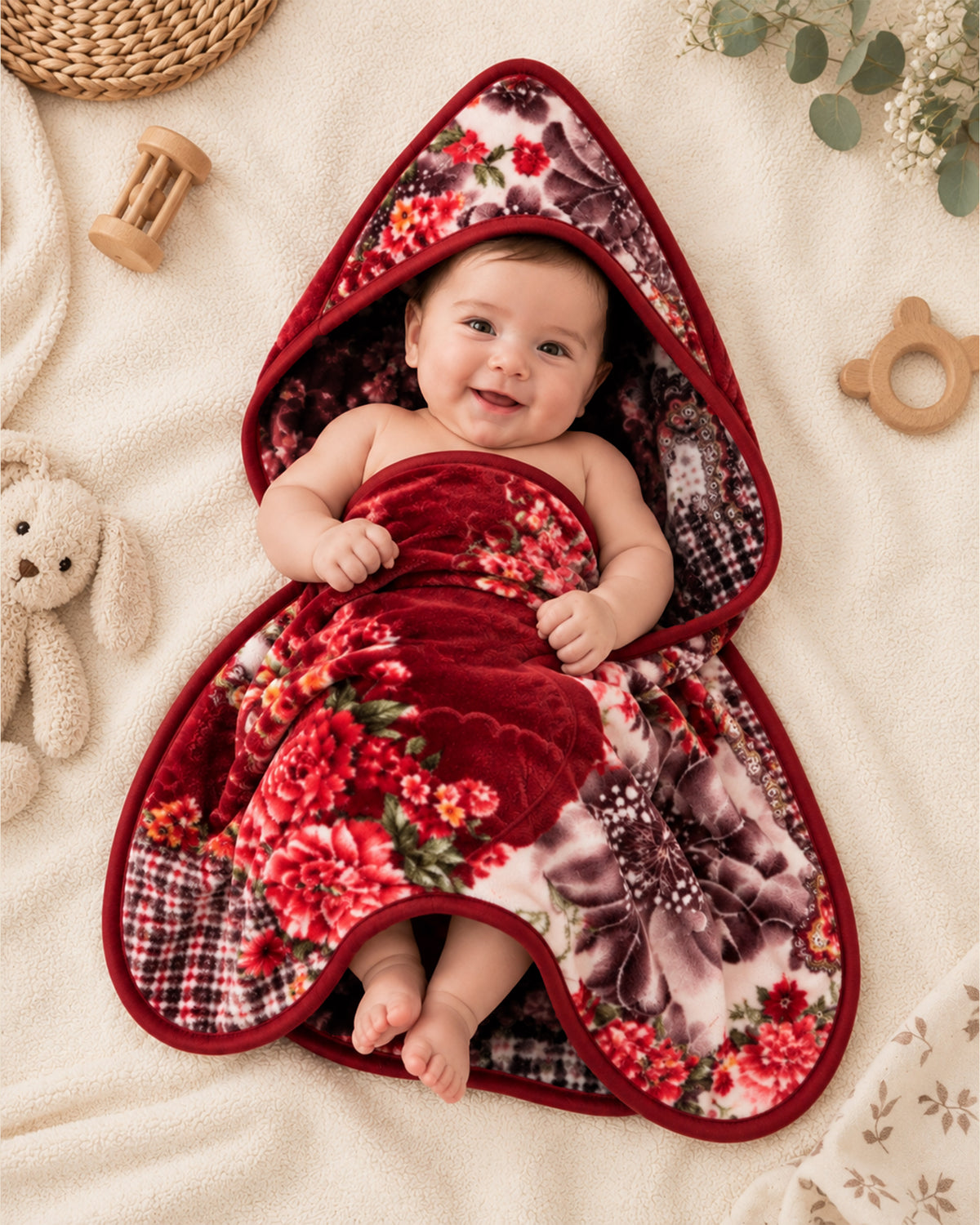 Precious 1-Ply Hood Baby Blanket - Burgundy