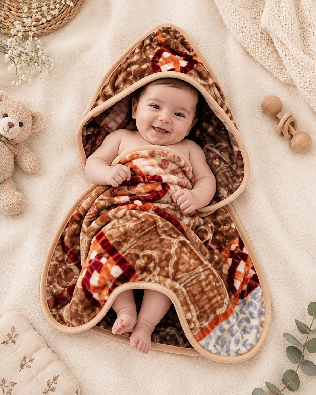 Precious 1-Ply Hood Baby Blanket - Bear Brown