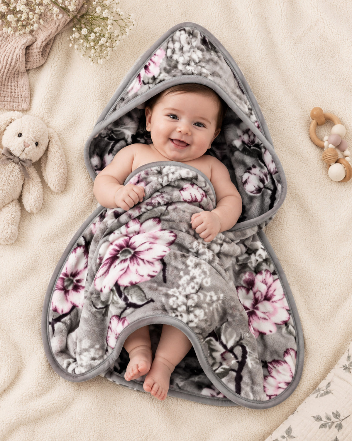 Precious 1-Ply Hood Baby Blanket - Soft Grey