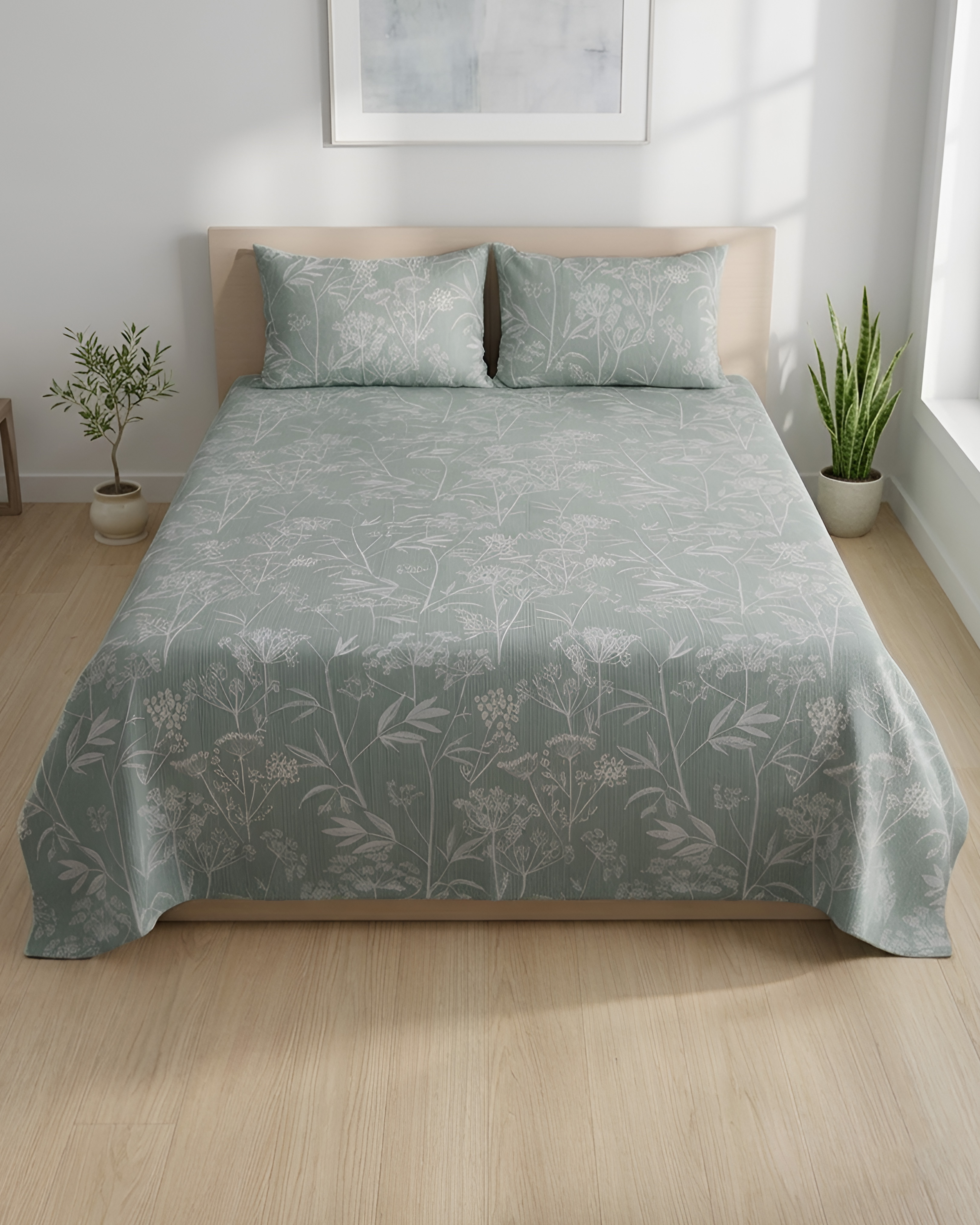 Silver 100% Cotton Printed Bedsheet (Double Bed) | Alba Collection