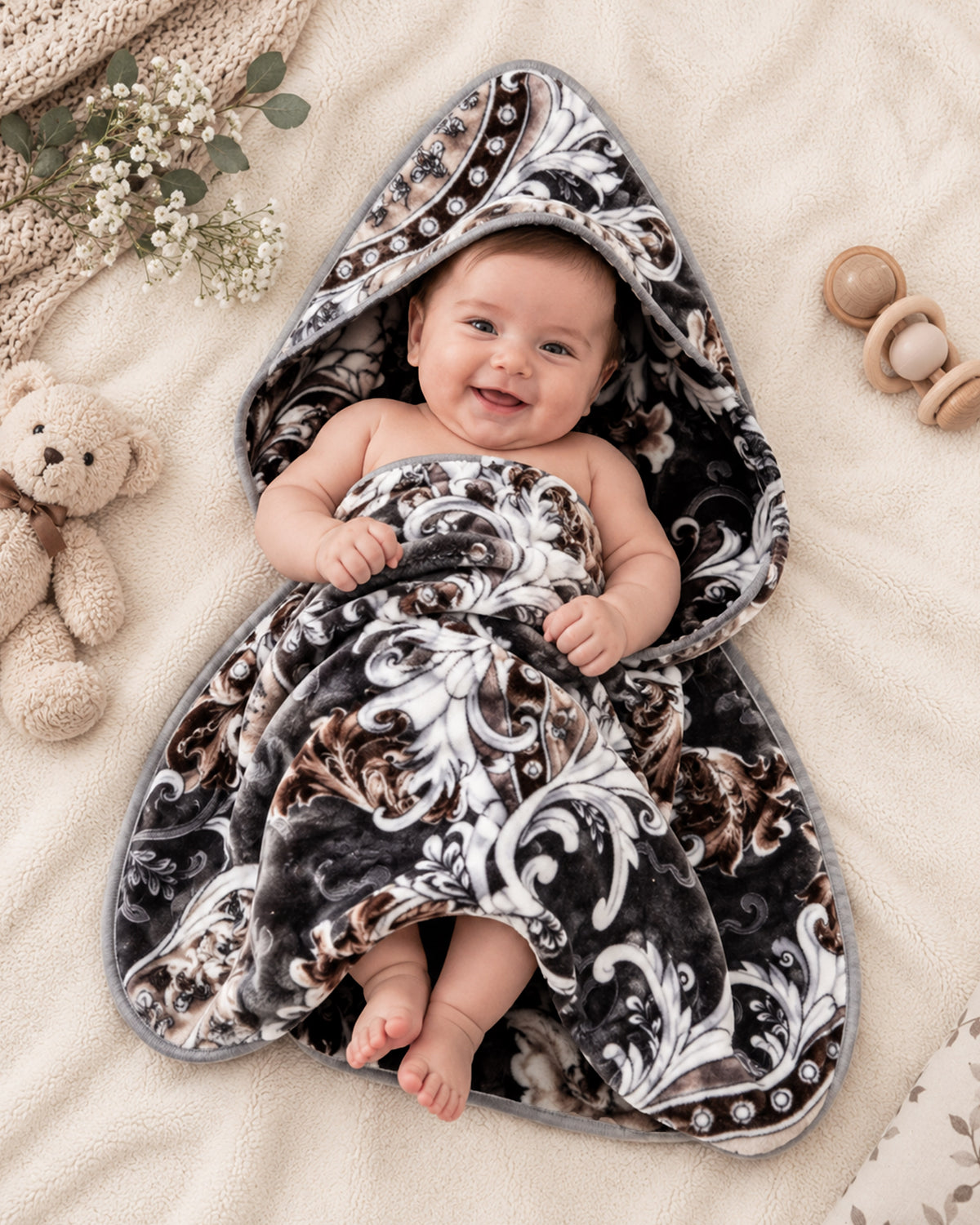 Precious 1-Ply Hood Baby Blanket - Charcoal Grey