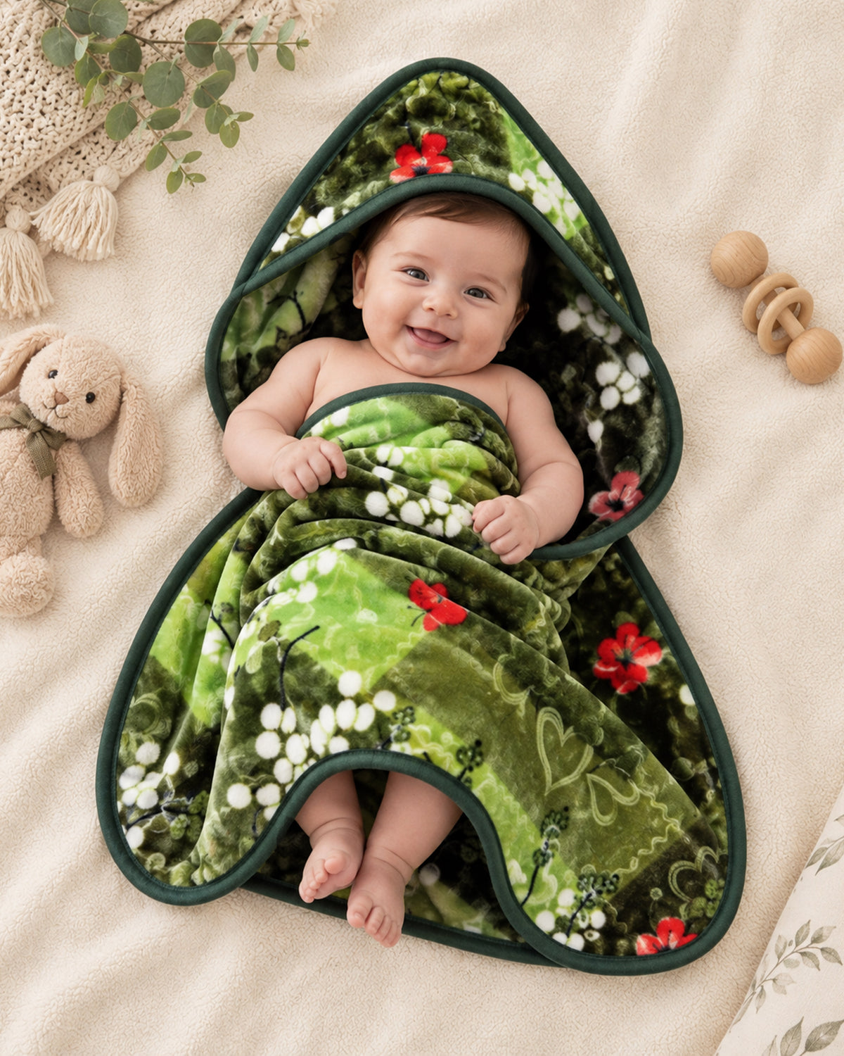 Precious 1-Ply Hood Baby Blanket - Parrot Green
