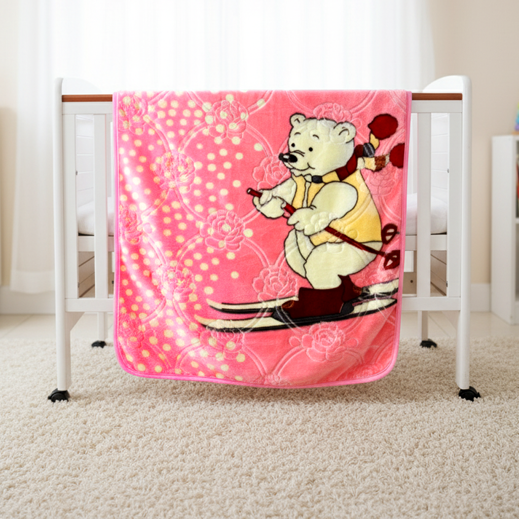 Pink cartoon bear blanket draped over a crib in a nursery setting