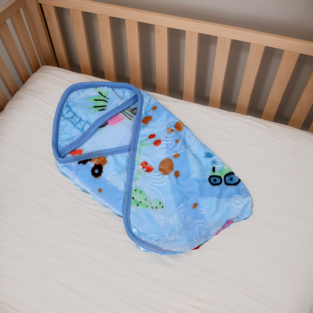Blue baby blanket with animal patterns on a crib
