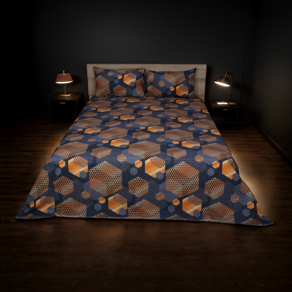 Bed with geometric patterned bedding in a dimly lit room