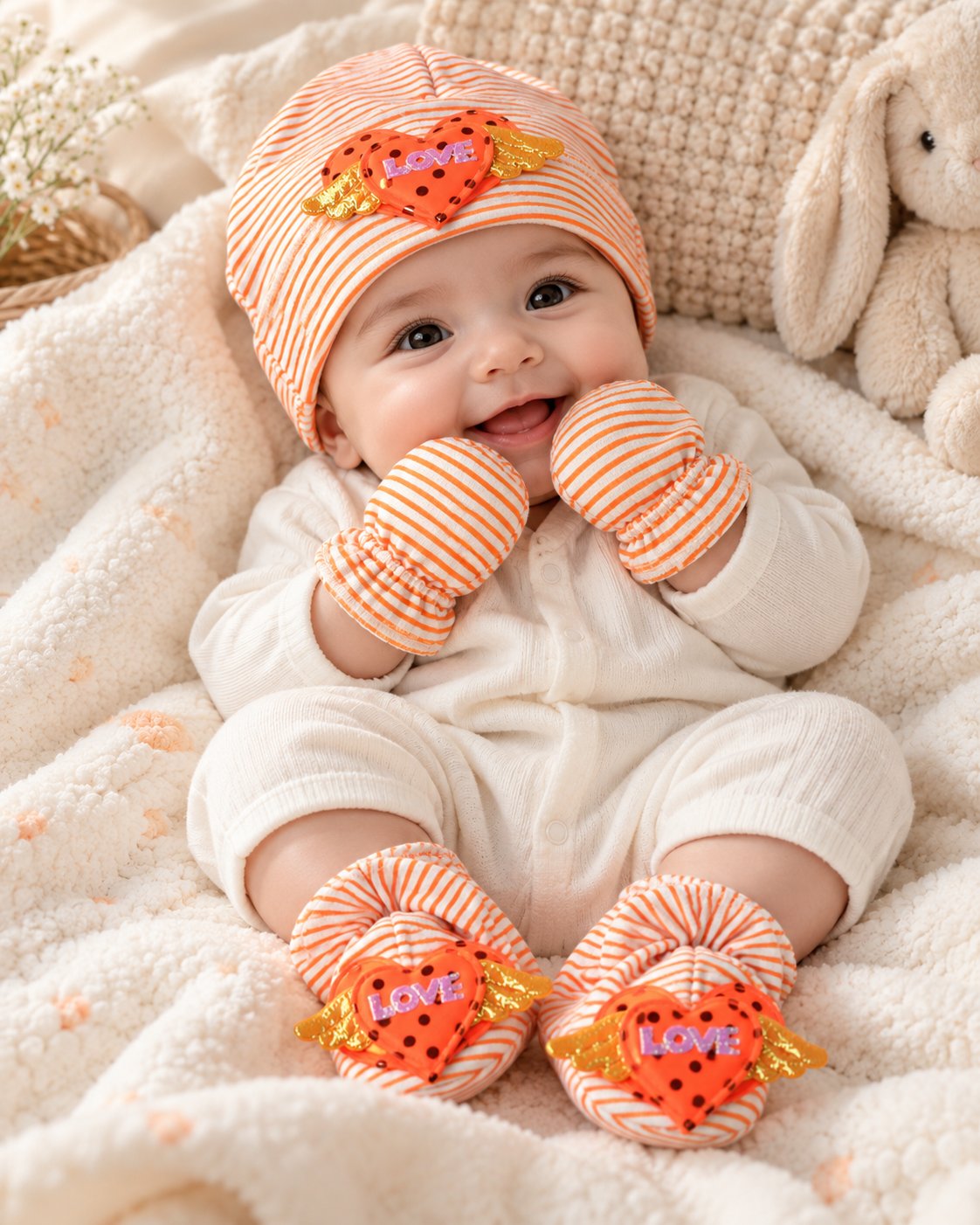 Mom Hug's Baby Cap Set 3 Piece - Comfy Orange