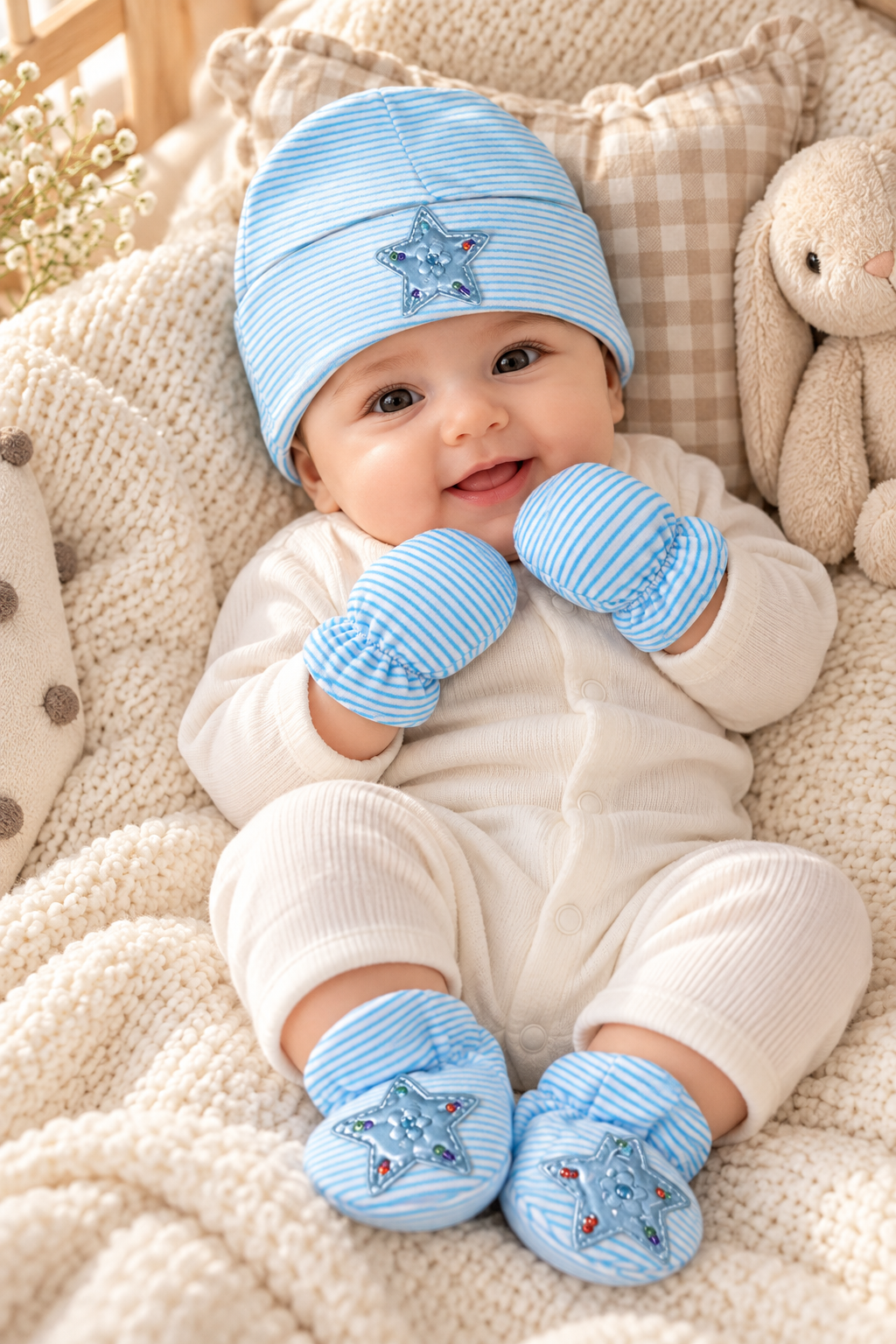 Mom Hug's Baby Cap Set 3 Pieces - Comfy Blue
