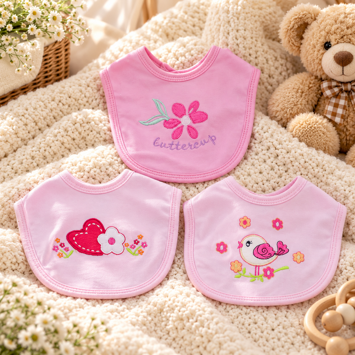 Pack of 3 Baby Bibs Set-Pink Heart