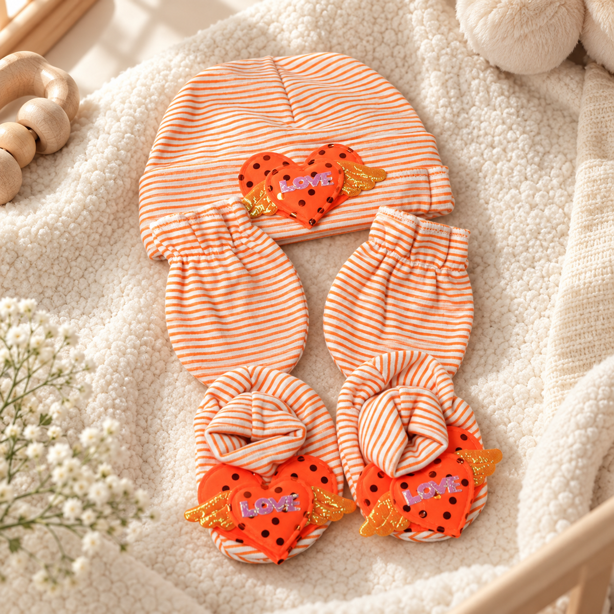 Mom Hug's Baby Cap Set 3 Piece - Comfy Orange