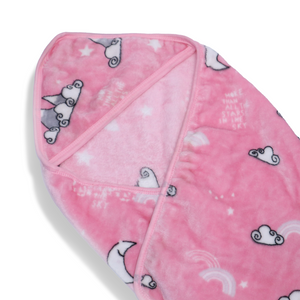 Pink hooded towel with cloud and moon pattern on a white background
