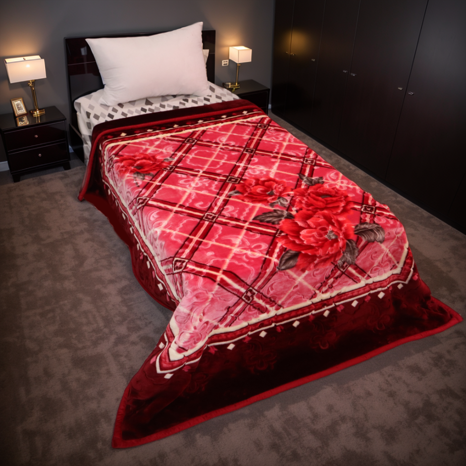 Buy online Red plaid blanket with floral design on a bed in a bedroom setting in Pakistan. 