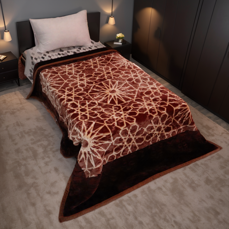 Bed with a patterned brown and beige blanket in a bedroom setting.
