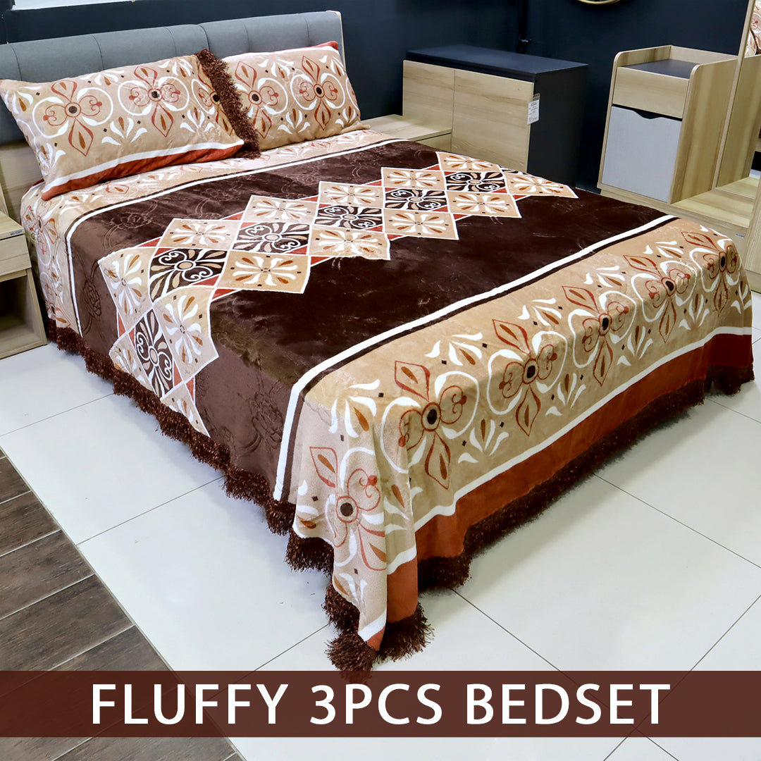 Fluffy 3 Pieces Bed Set- Orange and Brown