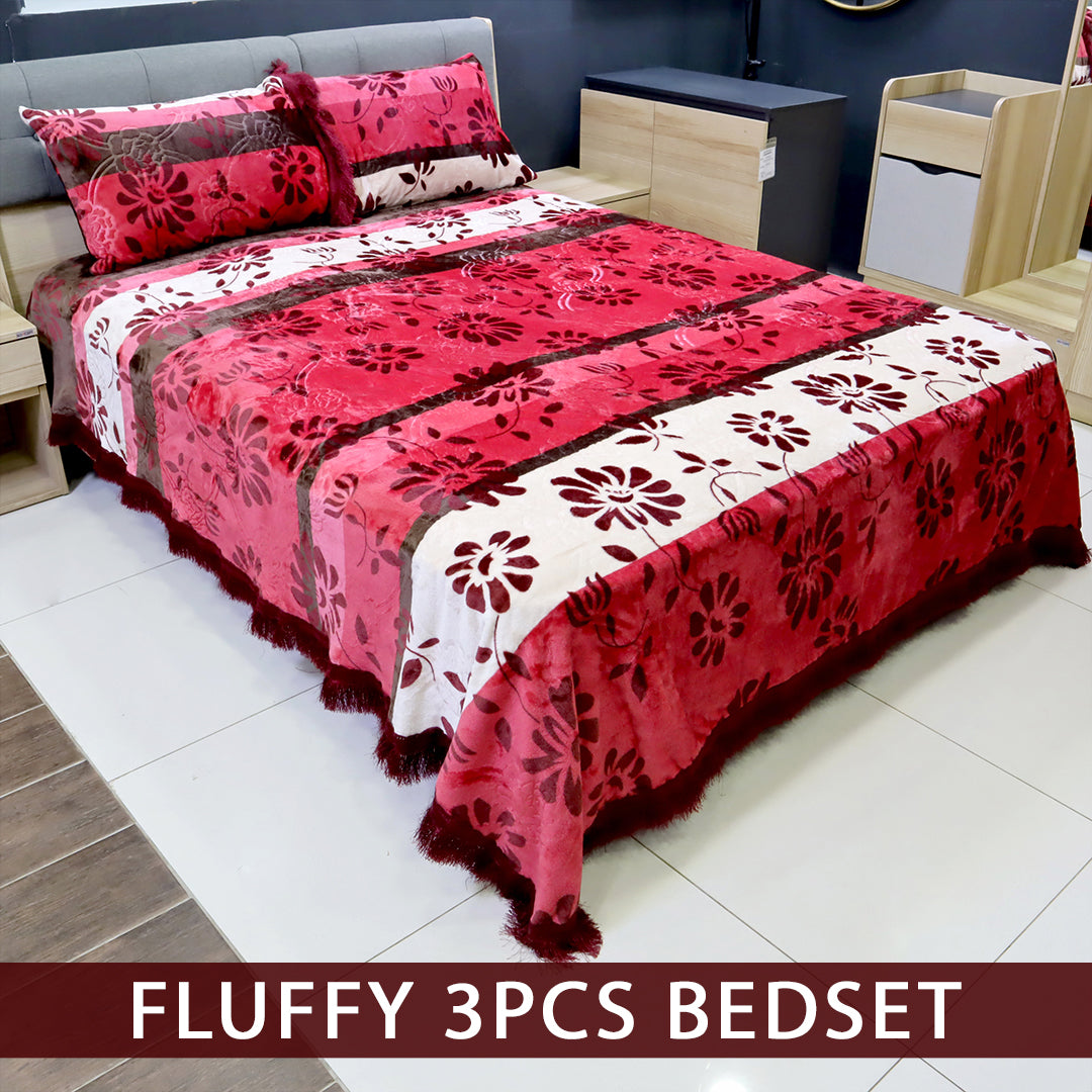Fluffy 3 Pieces Bed Set- Maroon
