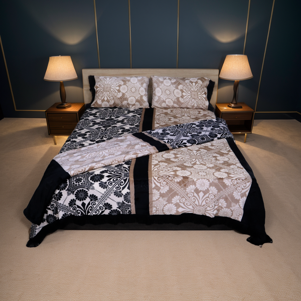 Bed with floral bedding in a bedroom setting with two lamps.