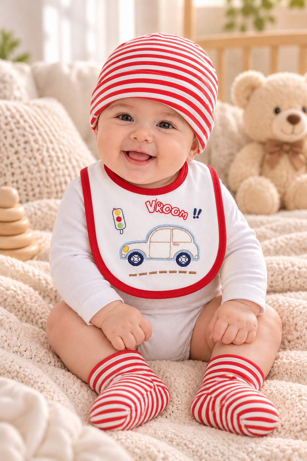Baby Cap Set 3 Piece - Red Stripes