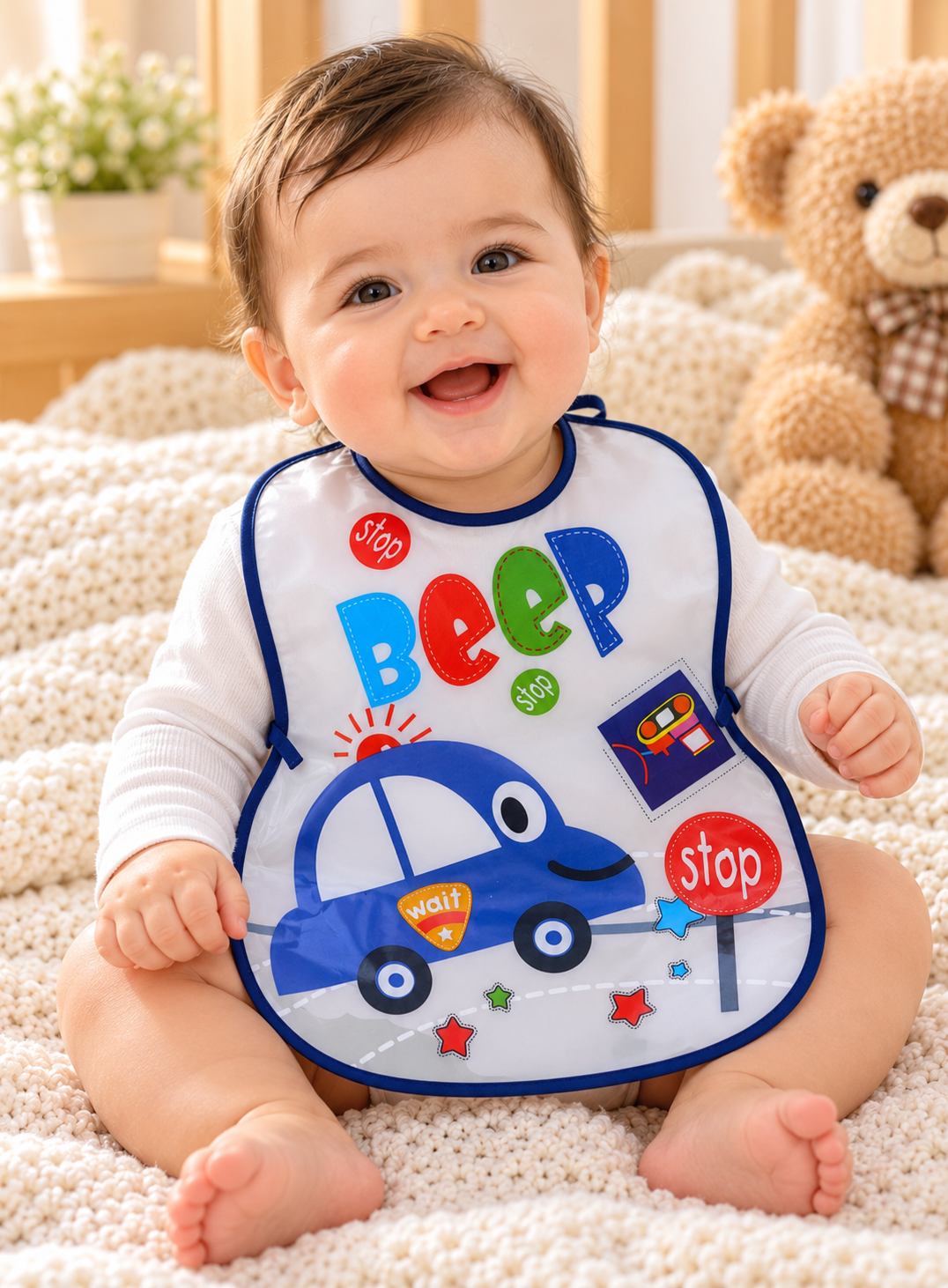 Mom's Hug Plastic Baby Bib - Blue Car