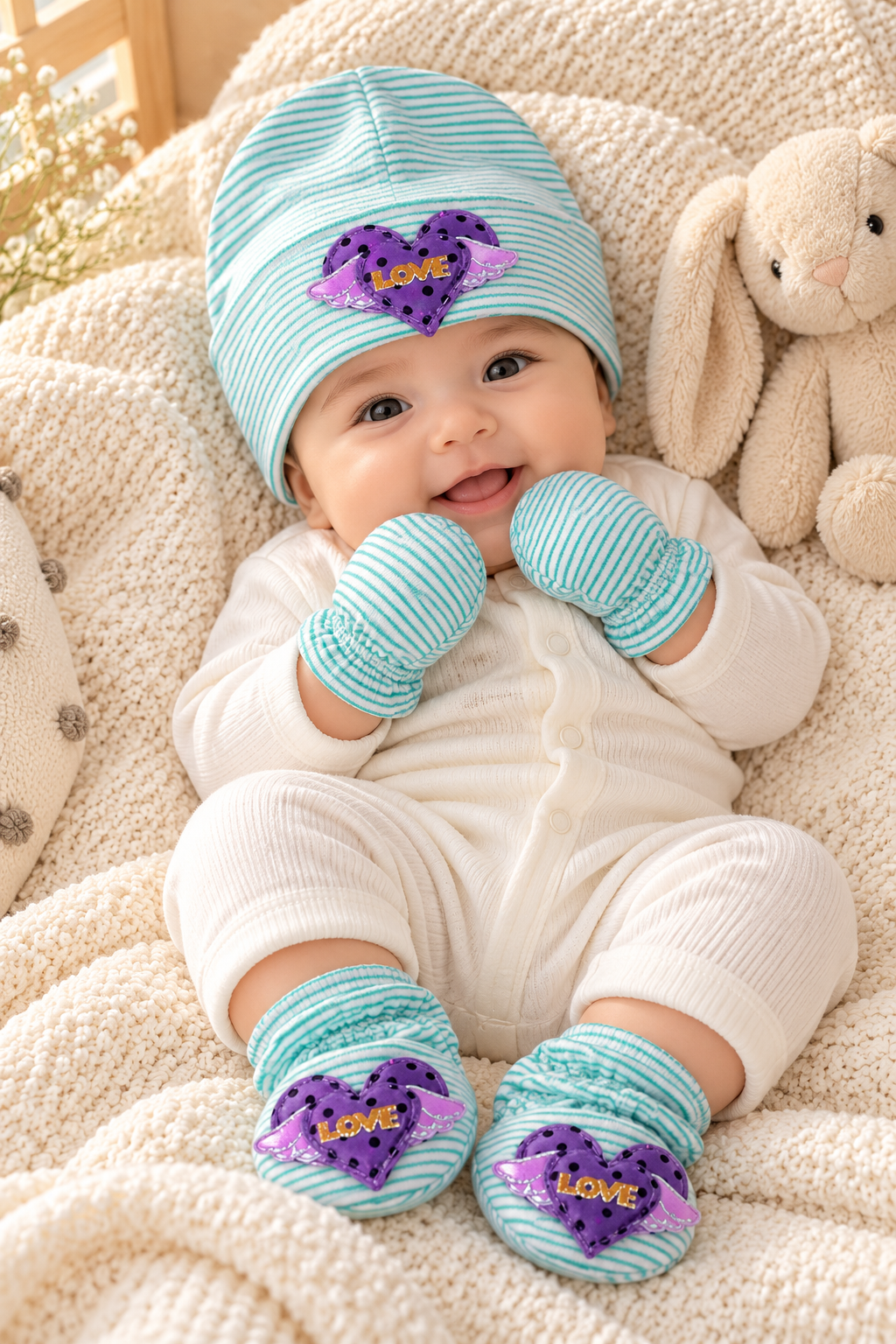 Mom Hug's Baby Cap Set 3 Piece - Comfy Mint
