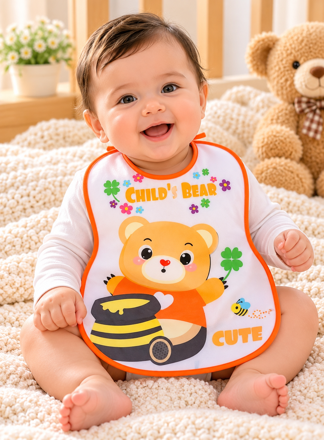Mom's Hug Plastic Baby Bib - Orange Bear