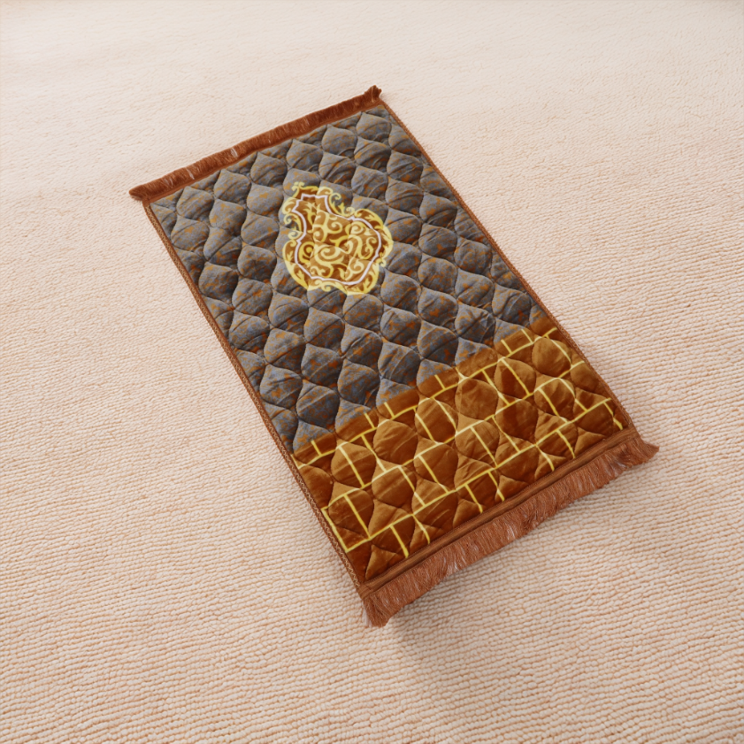 Decorative mat with geometric patterns and a central emblem on a beige surface