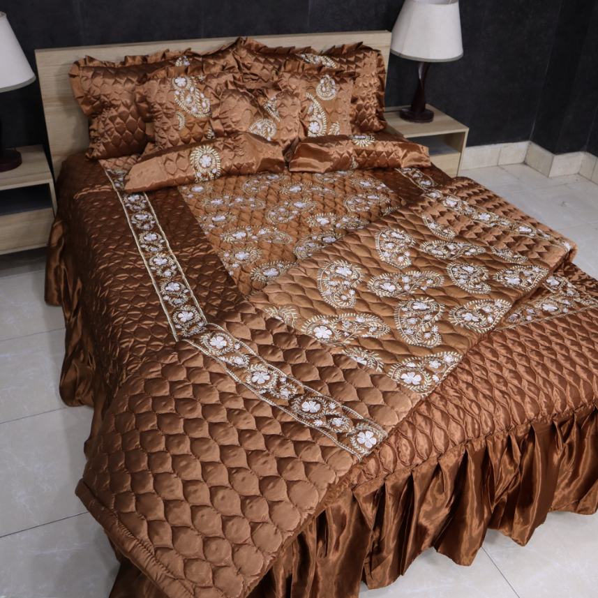 Ruby Silk 9 Pieces Embroidered Bed Set - Copper Bliss