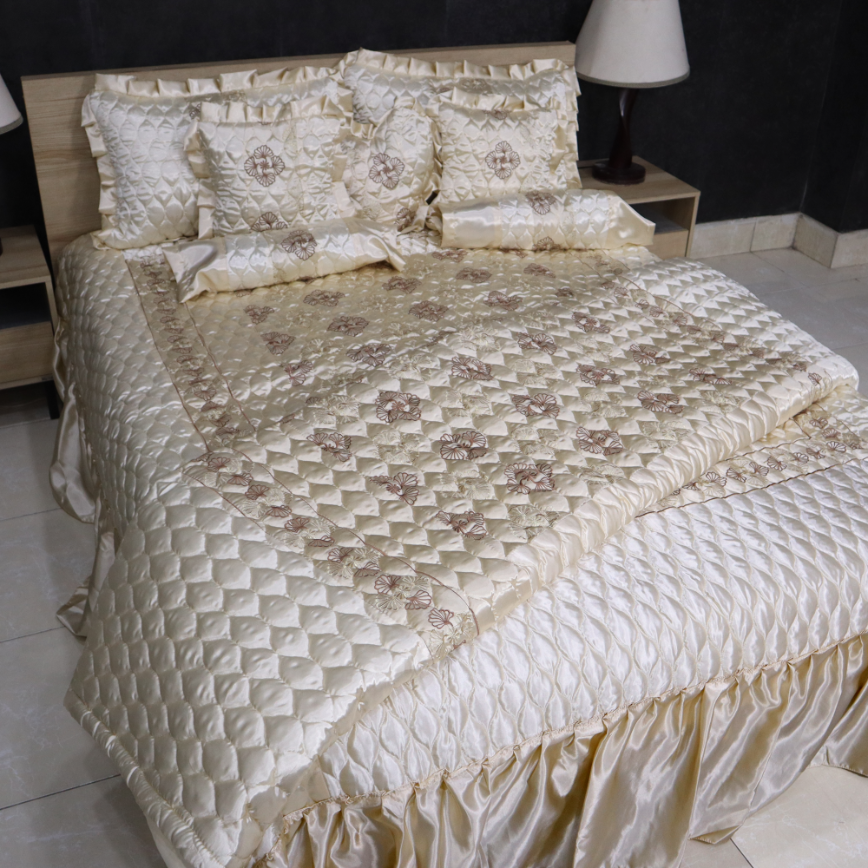 Ruby Silk 9 Pieces Embroidered Bed Set - Ivory Bliss