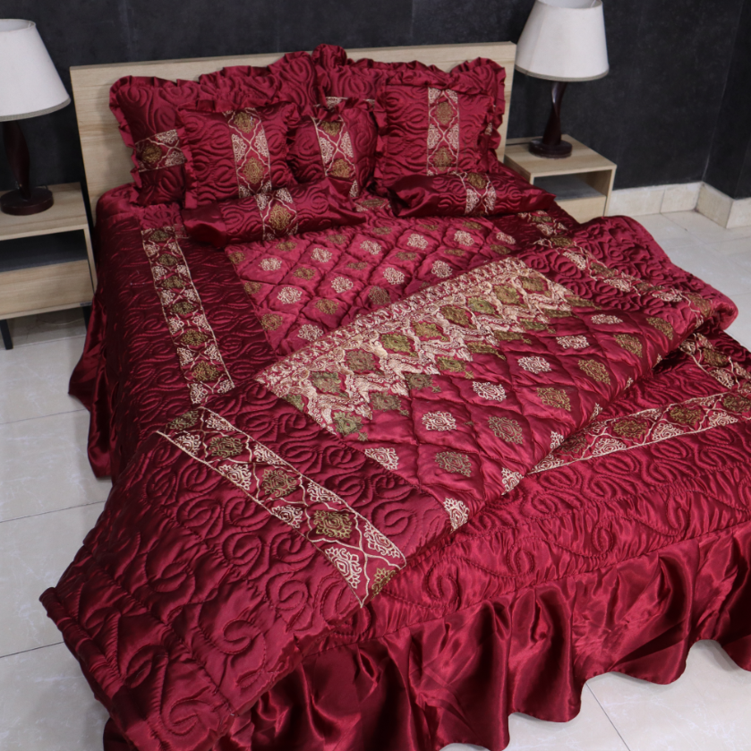 Ruby Silk 9 Pieces Embroidered Bed Set - Rose Bliss
